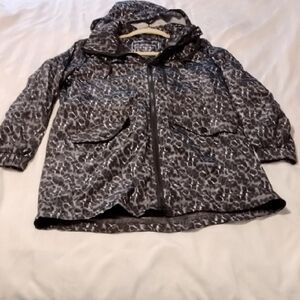 Lucky Brand Leopard Black, Gray & Browsn Print Hooded Rain Jacket, Size: M